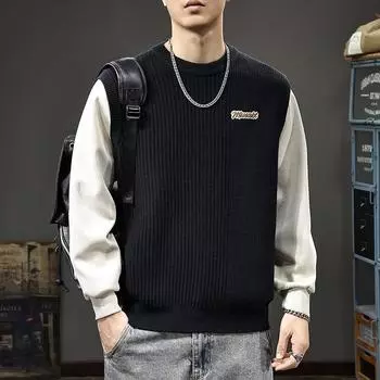 Осенне-зимний американский мужской свитер с цветовым сочетанием, модный поддельный топ из двух частей, высококачественный свободный свитер с круглым вырезом M темно-серого