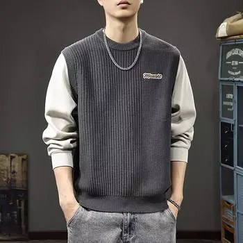 Осенне-зимний американский мужской свитер с цветовым сочетанием, модный поддельный топ из двух частей, высококачественный свободный свитер с круглым вырезом M чёрный