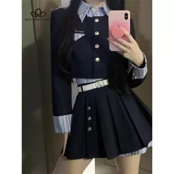 Осенне-зимний американский студенческий стиль, поддельный костюм из двух пальто, новый женский комплект из двух предметов с плиссированной юбкой для пожилых людей S