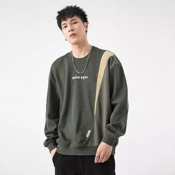 Осенне-зимний американский тяжелый ретро-сращивающийся свитер, мужской свободный большой размер, круглый вырез, топ, длинный рукав, прилив M белый