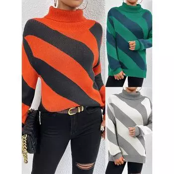 Осенне-зимний американский женский свитер-пуловер с высоким воротом и контрастными диагональными полосками, трикотажная женская нижняя рубашка S зелёный