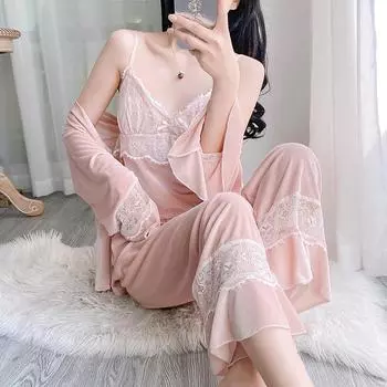 Осенне-зимний бархатный комплект из 3 предметов пижамы, одежда для сна, сексуальный кружевной халат, брючные костюмы, свободная повседневная велюровая домашняя одежда, одежда для отдыха M фиолетовый