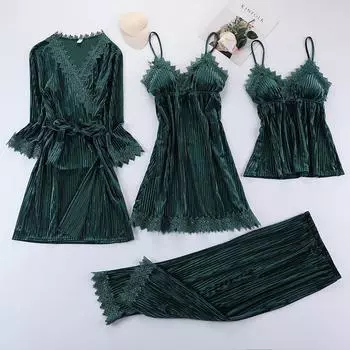 Осенне-зимний бархатный комплект из 4 предметов, пижама, халат невесты, кимоно, ночная рубашка, домашняя одежда, пижамы, интимное белье, женский сексуальный халат M