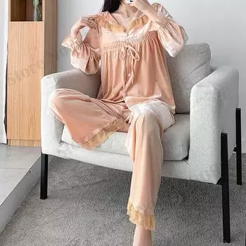 Осенне-зимний бархатный пижамный комплект с кружевом и лацканами, повседневная женская пижама, бархатная свободная домашняя одежда M