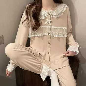 Осенне-зимний бархатный пижамный комплект, сексуальная кружевная ночная рубашка с длинными рукавами, женская однотонная повседневная пижама, свободная велюровая теплая домашняя одежда M