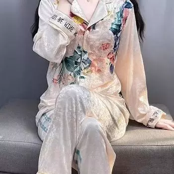 Осенне-зимний бархатный пижамный комплект, женская домашняя одежда, пижамный комплект с цветочным принтом, свободная пижама из бархата для дома, нижнее белье M розовый