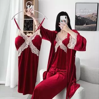 Осенне-зимний бархатный пижамный комплект, женская ночная рубашка на подтяжках, сексуальная пижама, костюм из четырех предметов, длинный рукав, велюр, теплая домашняя одежда M зелёный