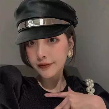 Осенне-зимний берет с большой окружностью головы из искусственной кожи размера M женский темно-синий восьмиугольная шляпа в британском стиле в стиле ретро с плоским верхом M (56-58cm) M bright bar average size чёрный