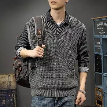 Осенне-зимний блокбастер в стиле ретро в британском стиле, жилет без рукавов, мужской свободный свитер больших размеров с V-образным вырезом и плечами M