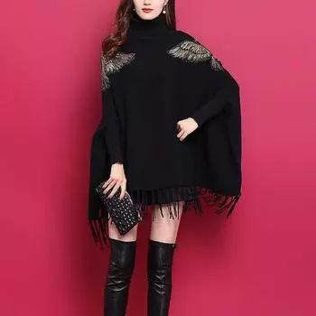 Осенне-зимний черный однотонный пуловер, свитер, свободный пуловер с ворсом, повседневная накидка с длинными рукавами и накидкой, свитер с кисточками, женский свитер One Size чёрный