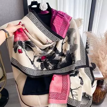 Осенне-зимний цветущий сливовый ретро-стиль с текстурой и принтом чернил, двусторонний теплый шарф-шаль 185cm бежевый