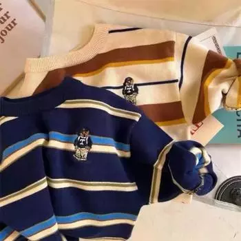 Осенне-зимний детский милый свитер с медведем, детский полосатый свитер, нижняя рубашка, мягкий свитер с рисунком для мальчиков и девочек, вязаный свитер 140cm темно-синий