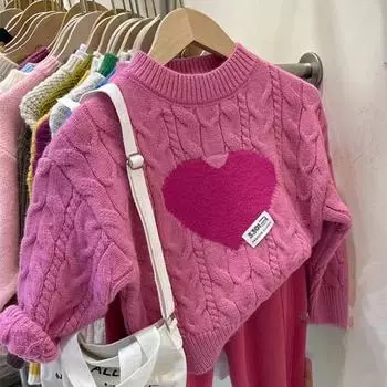 Осенне-зимний детский свитер среднего размера для девочек, утолщенный вязаный свитер Love Knit, пуловер для девочек, вязаный топ 80cm белый