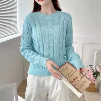Осенне-зимний дизайн, однотонный нежный вязаный свитер с круглым вырезом, женский пуловер, свободный повседневный универсальный топ one size fits all белый