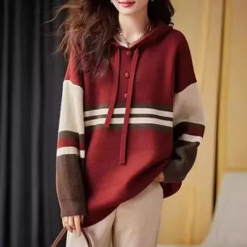 осенне-зимний дизайн, с капюшоном, контрастные полоски, вязаный свитер, женская куртка, свободный повседневный универсальный европейский топ one size fits all красный