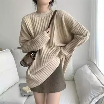 Осенне-зимний дизайн sense нишевый ленивый пуловер женский свободный мягкий вощеный внутренний отрезок с длинными рукавами трикотажный свитер топ One size