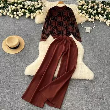 Осенне-зимний дизайнерский вязаный свитер с принтом в виде букв, комплект из двух предметов, женский свитер с круглым вырезом и брюки длиной до щиколотки One Size чёрный