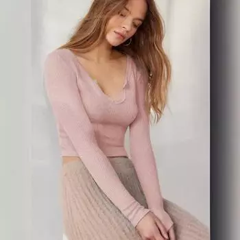 Осенне-зимний длинный рукав сексуальный V-образный вырез тонкий трикотажный короткий топ S розовый