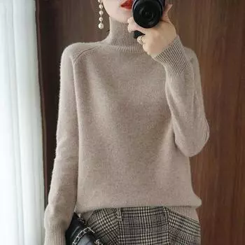 Осенне-зимний длинный рукав универсальный джемпер с высоким воротником-стойкой плоский свитер женский тонкий пуловер утолщенный трикотаж S фиолетовый