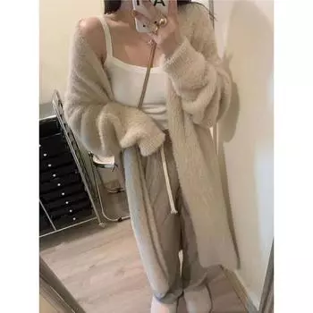 Осенне-зимний длинный свитер из искусственной норки, кардиган для женщин, свободный ленивый ветер, вязаная куртка, темпераментное пальто, толстые модели One Size серый