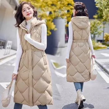 Осенне-зимний длинный жилет из хлопка с капюшоном, женская облегающая жилетка до колена из хлопка прилив L абрикосовый