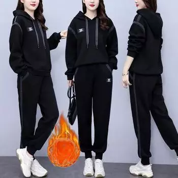 Осенне-зимний джинсовый свитер плюс утолщенный бархатный свитер больших размеров для женщин с длинными рукавами, повседневная мода, комплект из двух частей для женщин M чёрный