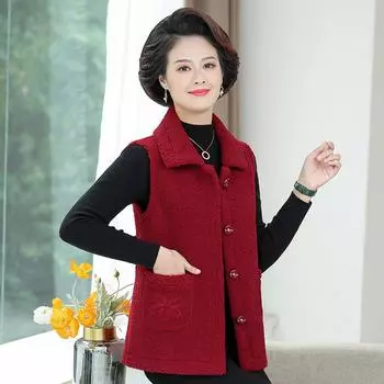 Осенне-зимний флисовый жилет с лацканами для женщин среднего и пожилого возраста, жилет для мам XXXXXL вино красного