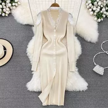 Осенне-зимний французский ретро-темперамент с V-образным вырезом и кружевной строчкой, вязаный свитер, нижняя сумка, хип-платье One Size чёрный