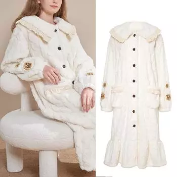 Осенне-зимний халат на флисовой подкладке, симпатичный цветочный декор, средней длины, пижамный комплект, домашняя одежда, теплая и удобная одежда для сна M