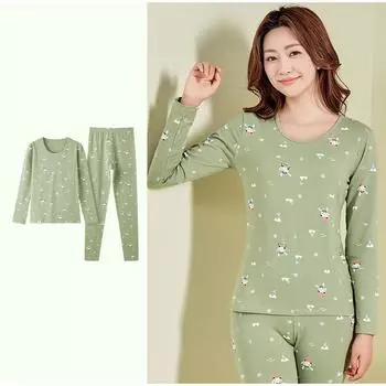 Осенне-зимний хлопковый цветочный женский термобелье с принтом, тонкий теплый костюм M светло-серый