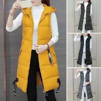 Осенне-зимний хлопковый жилет средней длины с утолщенной подкладкой без рукавов на молнии с застежкой-молнией на шнурке с капюшоном ветрозащитный женский жилет с сохранением тепла 3XL серый