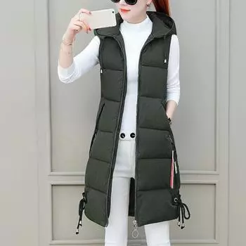 Осенне-зимний хлопковый жилет средней длины с утолщенной подкладкой без рукавов на молнии с застежкой-молнией на шнурке с капюшоном ветрозащитный женский жилет с сохранением тепла L зелёный