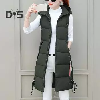 Осенне-зимний хлопковый жилет средней длины с утолщенной подкладкой без рукавов на молнии с застежкой-молнией на шнурке с капюшоном ветрозащитный женский жилет с сохранением тепла L зелёный