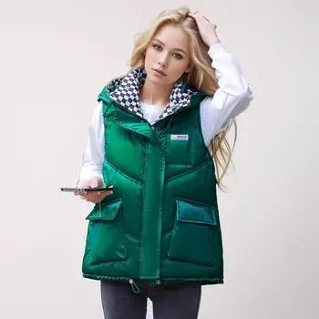 Осенне-зимний хлопковый жилет женский короткий корейский вариант свободный жилет с капюшоном универсальный жилет куртка женская M зелёный