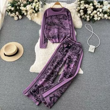 Осенне-зимний художественный костюм с принтом, женский свитер с круглым вырезом + широкие брюки, костюм-двойка One size хаки