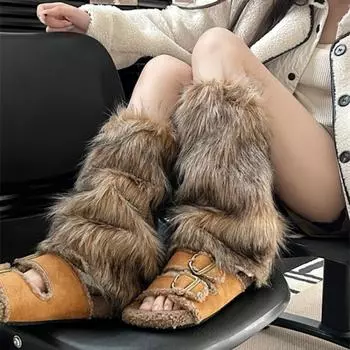 Осенне-зимний искусственный меховой чехол для ног, носки в стиле ретро Spice Girl, термочехол для ботинок, тонкие женские носки среднего размера 25cm белый