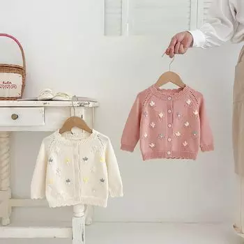 Осенне-зимний кардиган для девочки с ручной вышивкой, свитер для девочки, короткая куртка с рукавами на плечах, вязаный свитер 66cm
