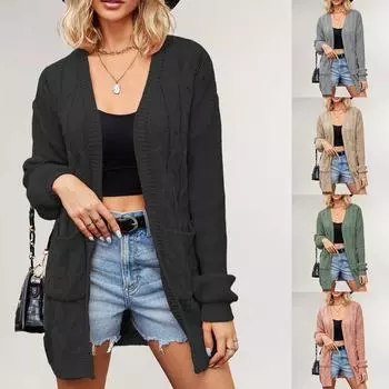 Осенне-зимний кардиган из теста с переплетениями, свободный свитер средней длины, европейская и американская женская одежда L чёрный