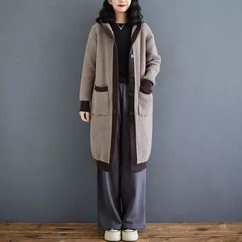 Осенне-зимний кардиган с капюшоном средней длины с цветными блоками для женщин one size темно-серого