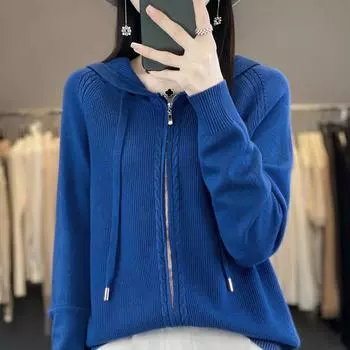 Осенне-зимний кардиган с капюшоном, женский вязаный свободный свитер, повседневный однотонный кардиган с двойной молнией XXL