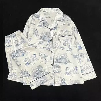 Осенне-зимний кардиган с лацканами, комплекты для отдыха, женские, из 2 предметов, одежда для сна из ледяного шелка, для женщин, для пожилых, с принтом, пижамный костюм для женщин M