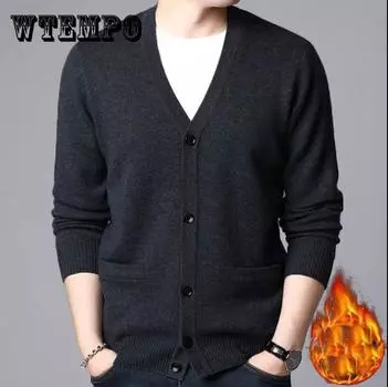 Осенне-зимний кардиган с V-образным вырезом на пуговицах, однотонный бархатный толстый теплый свитер, большой размер, свободная повседневная мужская куртка для людей среднего и пожилого возраста 3XL синий
