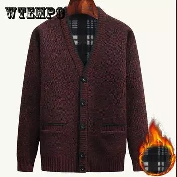 Осенне-зимний кардиган с V-образным вырезом на пуговицах, однотонный бархатный толстый теплый свитер, большой размер, свободная повседневная мужская куртка для людей среднего и пожилого возраста 3XL вино красного