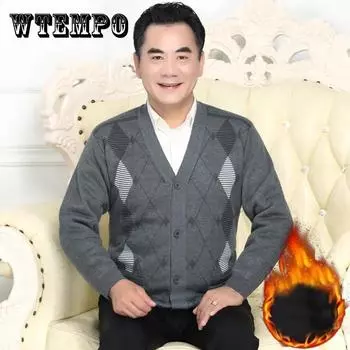 Осенне-зимний кардиган с V-образным вырезом на пуговицах, однотонный бархатный толстый теплый свитер, большой размер, свободная повседневная мужская куртка для людей среднего и пожилого возраста 3XL темно серый