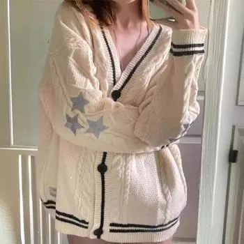 Осенне-зимний кардиган с вышивкой в виде звезды, вязаный на пуговицах, большой кардиган, однобортный свитер для женщин, кардиган унисекс XS чёрный