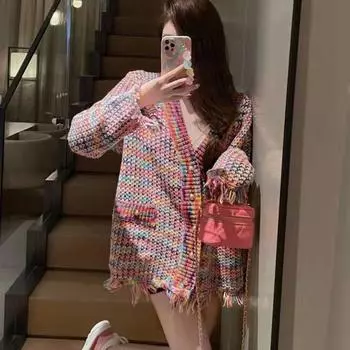 Осенне-зимний кардиган, свитер, повседневный свободный свитер с v-образным вырезом и кисточками, женский кардиган с длинными рукавами One Size розовый