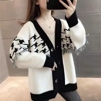 Осенне-зимний кардиган, женский свитер, новинка 2022 года, корейский женский свитер с напуском, вязаный кардиган, пальто, свободный кардиган с длинными рукавами One Size чёрный