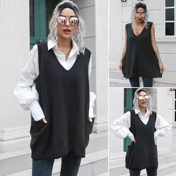 Осенне-зимний карманный большой свободный жилет с v-образным вырезом, длинный жилет, женский свободный жилет, одежда для улицы, свитер внутри S чёрный