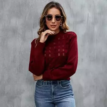 Осенне-зимний кашемировый свитер, новый женский пуловер с V-образным вырезом, кружевной вырез, ажурный дизайн, повседневный трикотажный свитер с длинным рукавом для женщин L чёрный