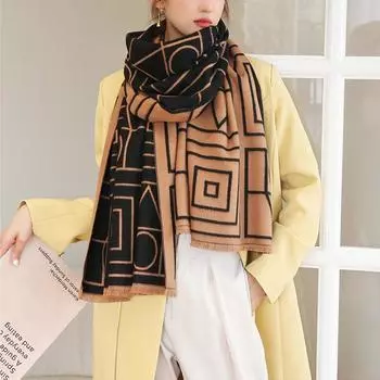 Осенне-зимний кашемировый теплый шарф в стиле ретро, женский толстый двусторонний платок бежевый/чёрный